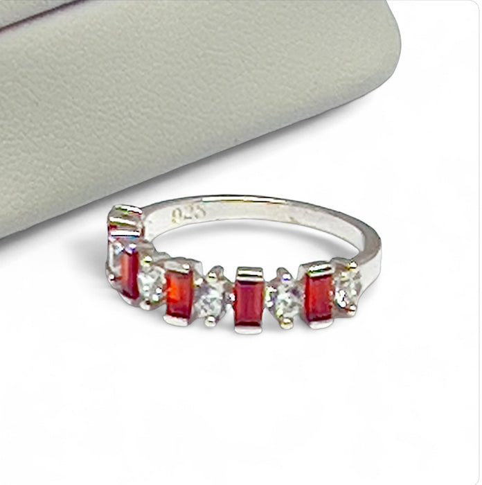 Sterling Silver Round & Baguette Garnet CZ Ring -AE-27