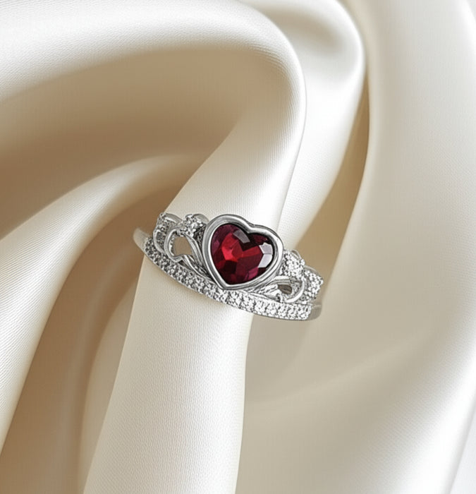 Sterling Silver Ring with Heart Crown Design and Garnet Cubic Zirconia-AE-28