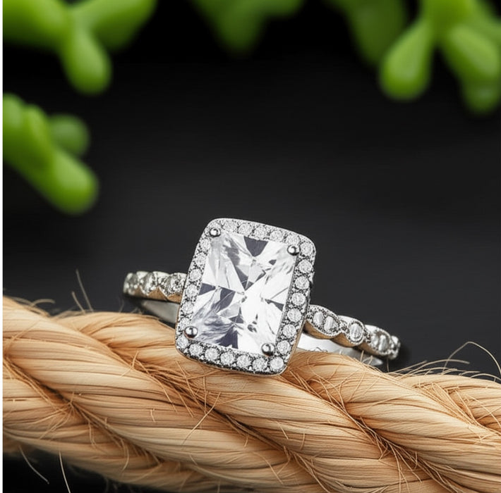 Sterling Silver Art Deco Halo Ring with Cubic Zirconia-ER-55