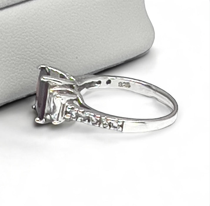 Sterling Silver Rectangular Cut Garnet CZ Ring-AE-03