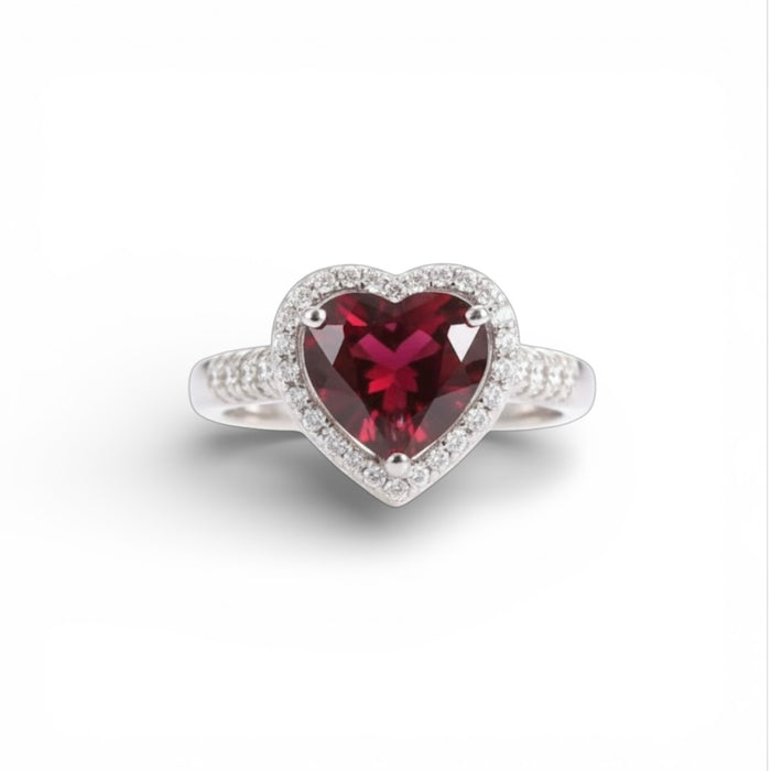 Sterling Silver Garnet Heart Halo CZ Ring-AE-13