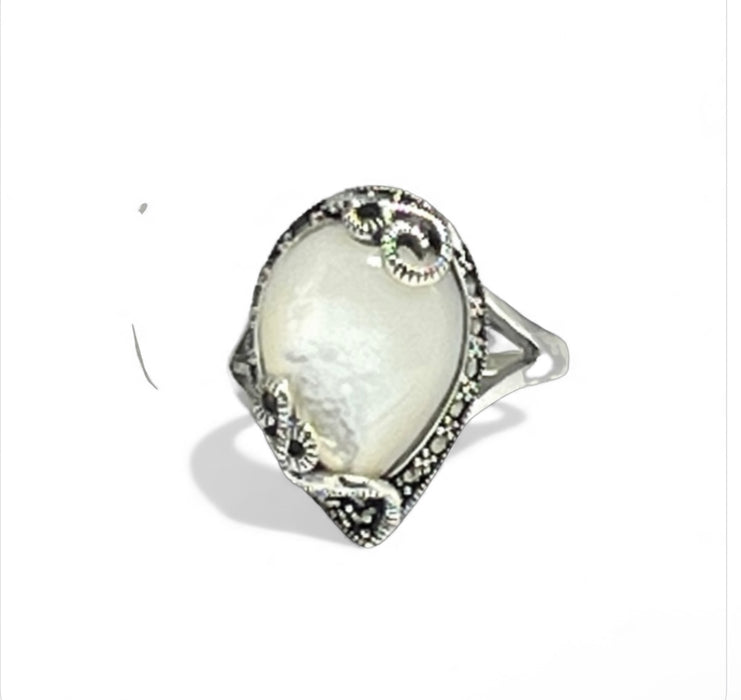 Sterling Silver Pear Shape Mother of Pearl Marcasite Ring-AE-89