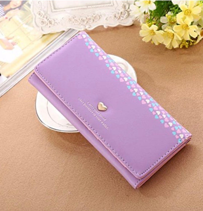 Purple Faux Leather Long Clutch Wallet Colorful Heart Pattern Women Gift-WAL-06