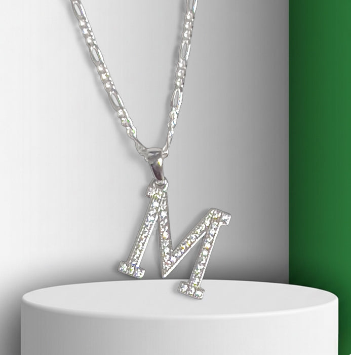 Sterling Silver Letter M CZ Necklace-SN-36
