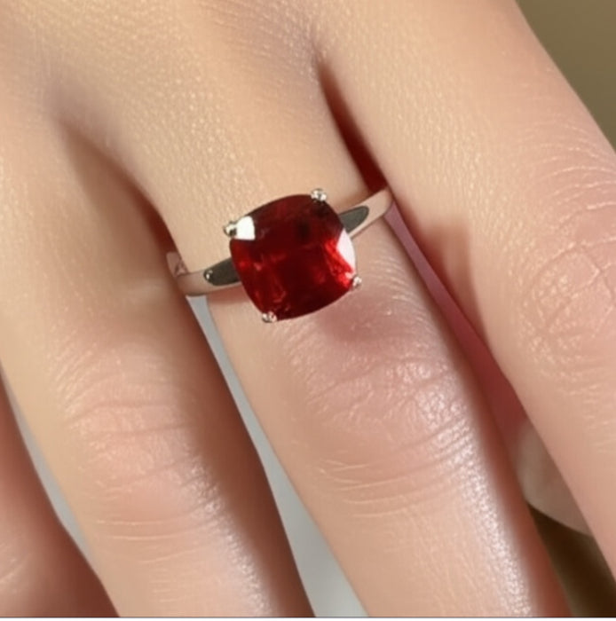 Sterling Silver Cushion Cut Red CZ Ring-AE-22