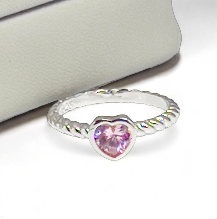 Sterling Silver Heart Pink CZ Ring-AE-86
