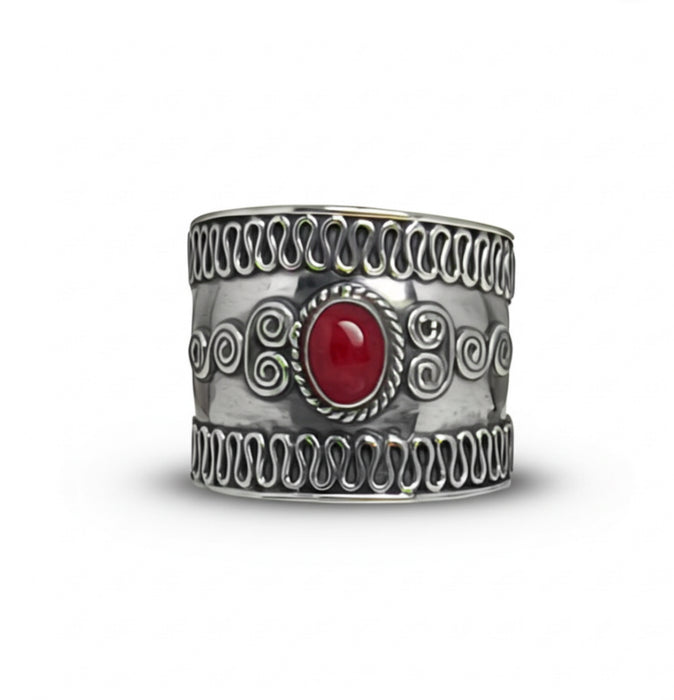 Sterling Silver Bali Style Red Coral Stone Ring-SR-49
