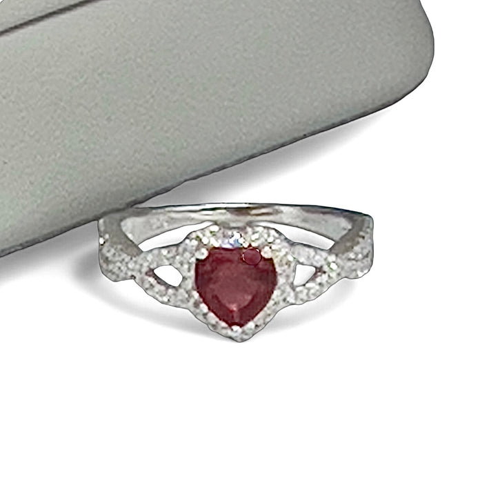 Sterling Silver Heart Halo Twist Garnet CZ Ring-AE-44