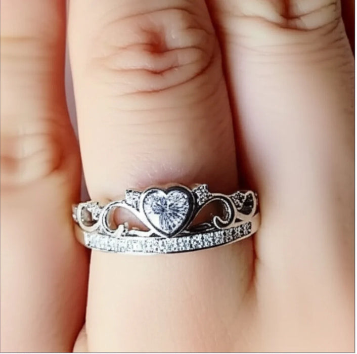 Sterling Silver Heart Crown Clear CZ Ring-AE-87