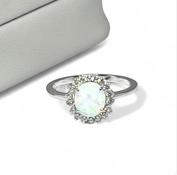 Sterling Silver Oval White Lab Opal CZ Ring-AE-37