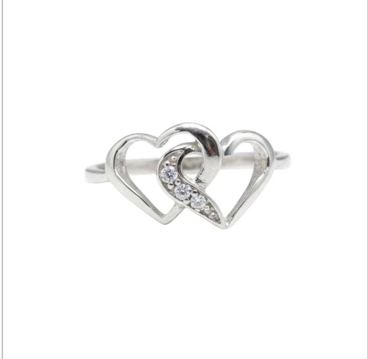 Sterling Silver Double Heart CZ Ring-AE-11