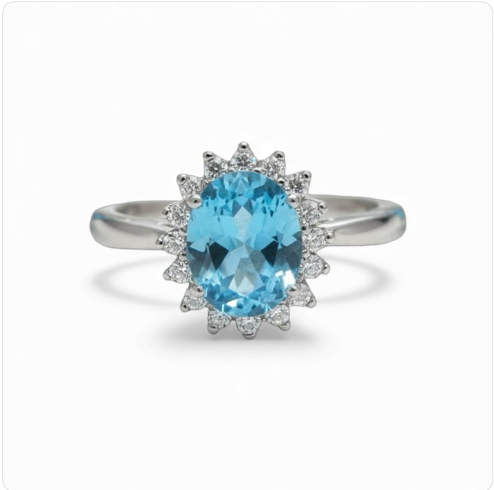 Sterling Silver Oval Aqua Blue CZ Ring-AE-67