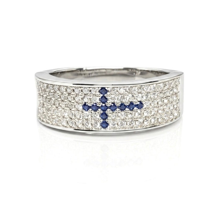 Sterling Silver Blue Zirconia Cross Ring-SMR-15