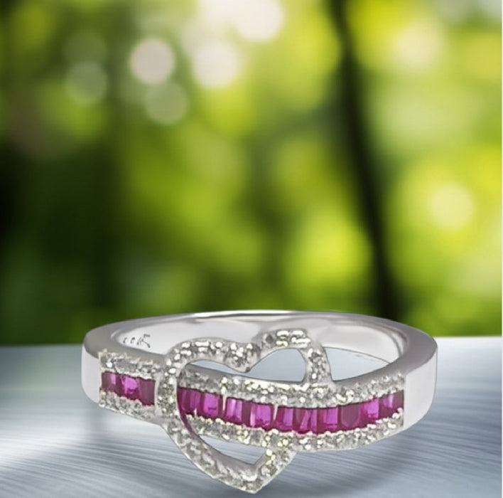 Sterling Silver Unique Heart Ruby CZ Ring-AE-19