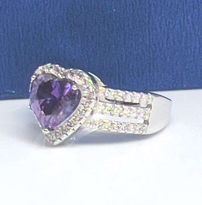 Sterling Silver Amethyst Heart CZ Ring-CL-29