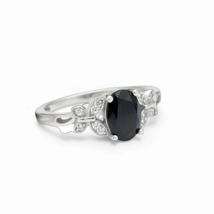 Sterling Silver Double Butterfly Black Center Stone CZ Ring-AE-41