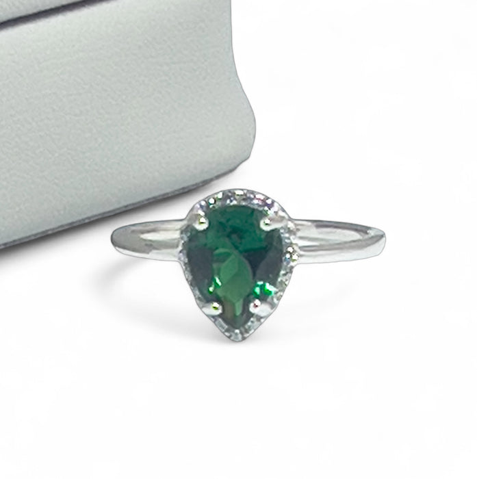 Sterling Silver Pear-Shaped Simulated Green Emerald Ring-AE-114