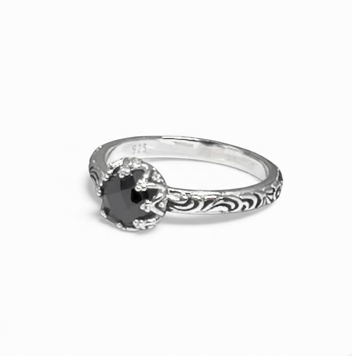 Sterling Silver Floral Black CZ Ring-AE-76