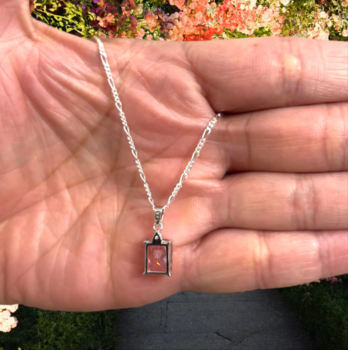 Sterling Silver Rectangular Pink CZ Necklace-SN-15