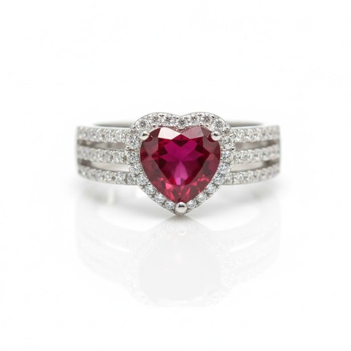 Sterling Silver Ruby Heart CZ Ring-AE-10