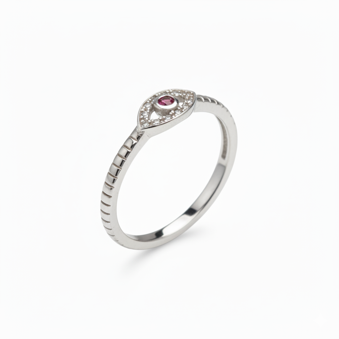 Sterling Silver Dark Garnet Stone Evil Eye CZ Ring-AE-91