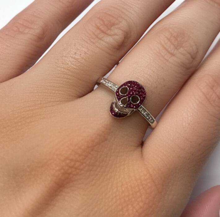Sterling Silver Black Rhodium Two Tone Ruby CZ Skull Ring-AE-96