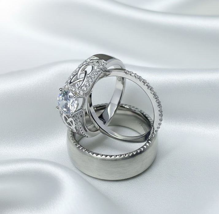 Trio Zigzag Brushed Steel & Celtic CZ Silver Ring Set-USS-01