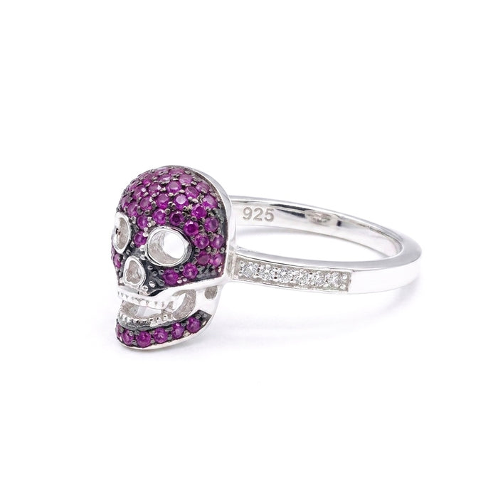 Sterling Silver Black Rhodium Two Tone Ruby CZ Skull Ring-AE-96