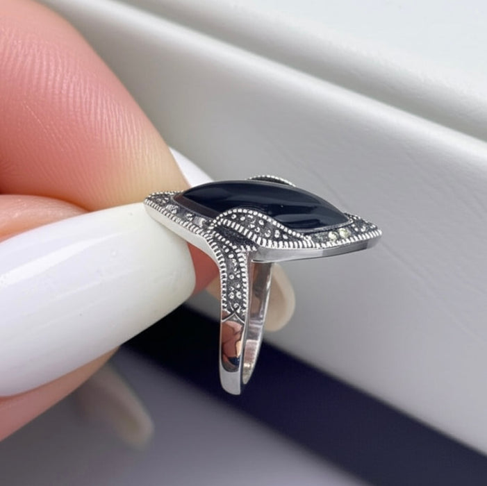 Sterling Silver Black Onyx Marquise Marcasite Ring-AE-47