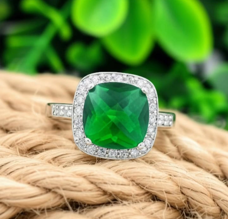 Sterling Silver Emerald CZ Halo Ring -ER- 06