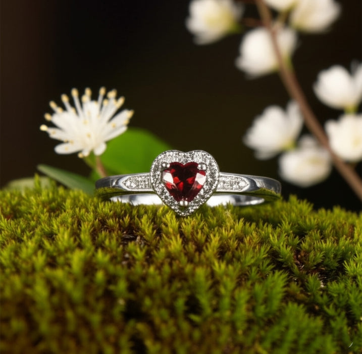Sterling Silver Promise Ring with CZ Heart-Shaped Garnet-AE-113