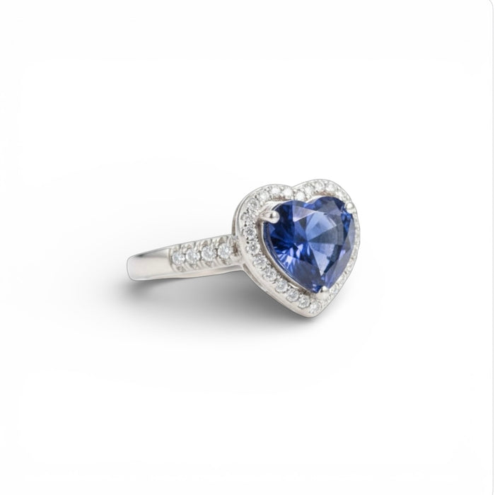 Sterling Silver Blue Sapphire Heart Halo CZ Ring -AE-49