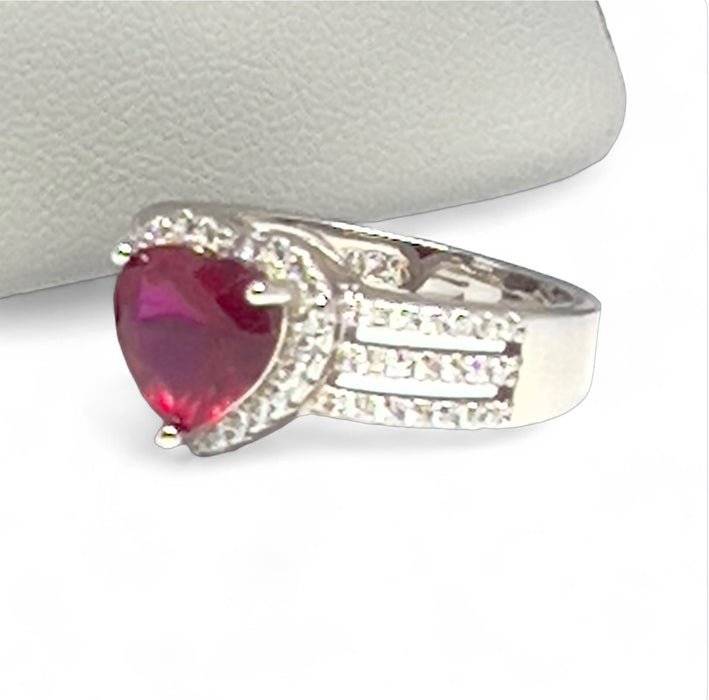 Sterling Silver Ruby Heart CZ Ring-AE-10