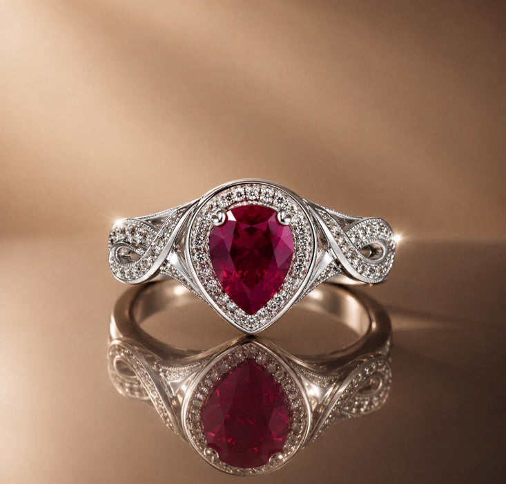 Sterling Silver Elegant Pear Cut Dark Garnet Ring-AE-118