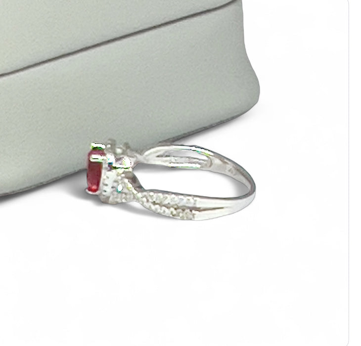 Sterling Silver Heart Halo Twist Garnet CZ Ring-AE-44