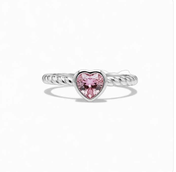 Sterling Silver Heart Pink CZ Ring-AE-86