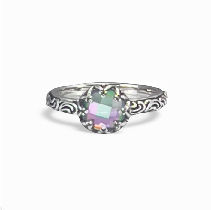 Sterling Silver Floral Rainbow Topaz CZ Ring-AE-79