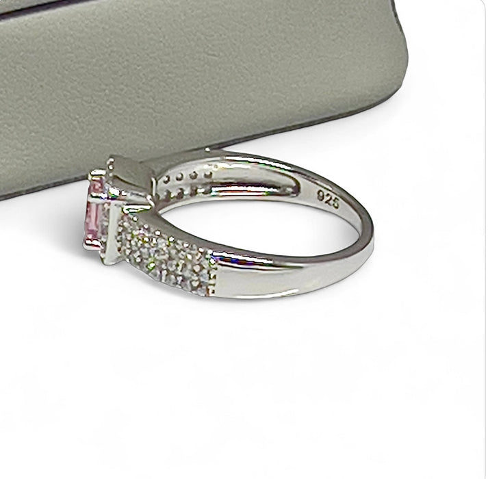Sterling Silver Pink Princess Cut CZ Ring-AE-93