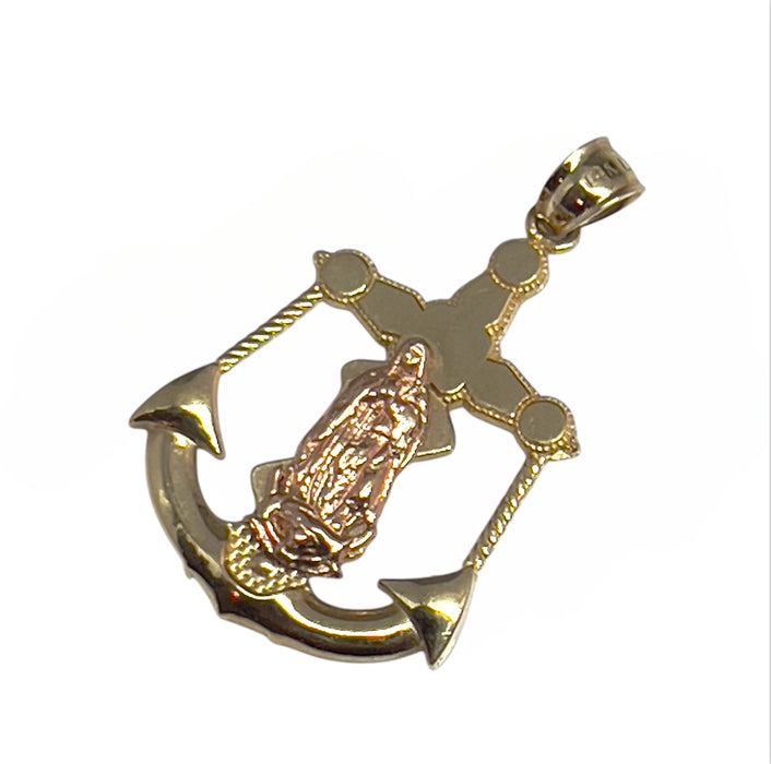 Solid Gold 14K Two-Tone Our Lady Of Guadalupe Anchor Cross Pendant-GP-15