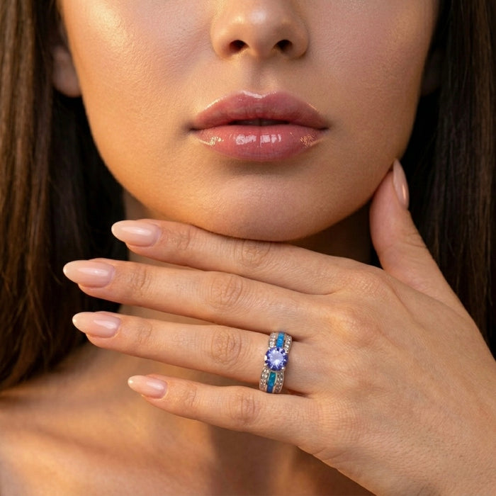 Sterling Silver Lab Opal Round Tanzanite CZ Ring -AE-16