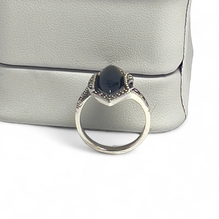 Sterling Silver Black Onyx Marquise Marcasite Ring-AE-47