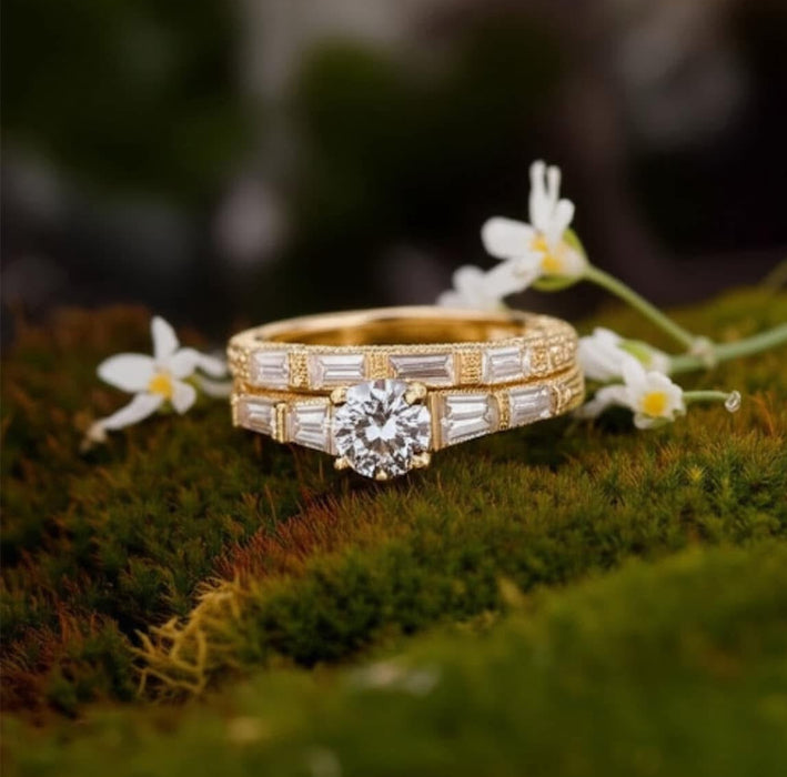 Sterling Silver Gold-Plated Baguette CZ Engagement Ring Set-ER-16