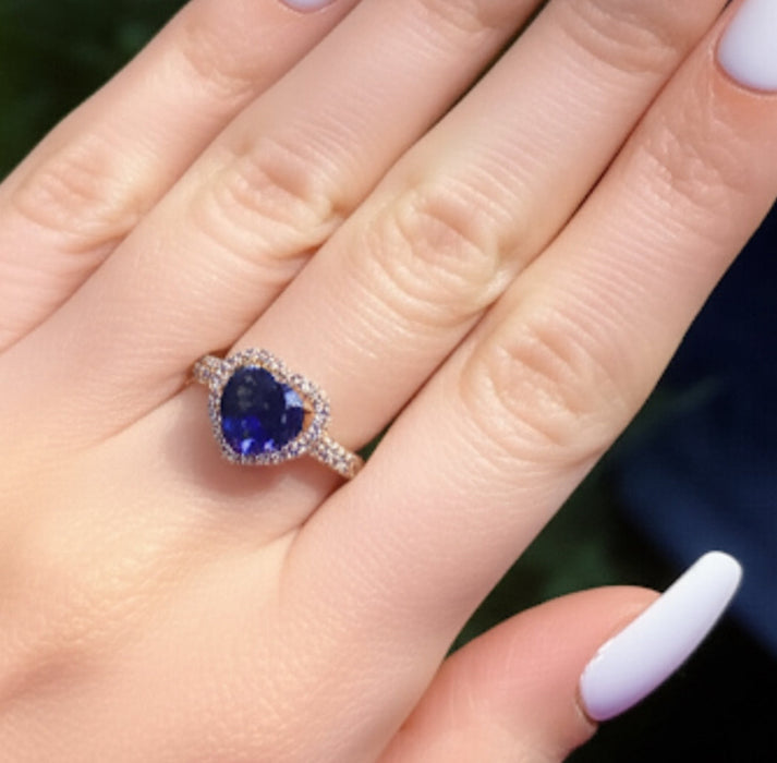Sterling Silver Blue Sapphire Heart Halo CZ Ring -AE-49
