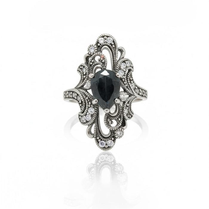 Sterling Silver Pear Shape Black Onyx Marcasite Ring-AE-43
