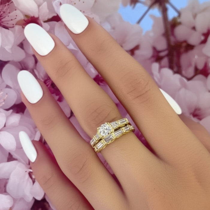 Sterling Silver Gold-Plated Baguette CZ Engagement Ring Set-ER-16