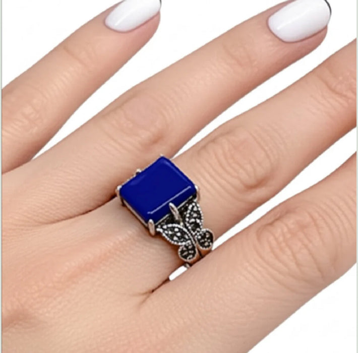 Sterling Silver Blue Stone Square Butterfly Marcasite Ring-AE-69