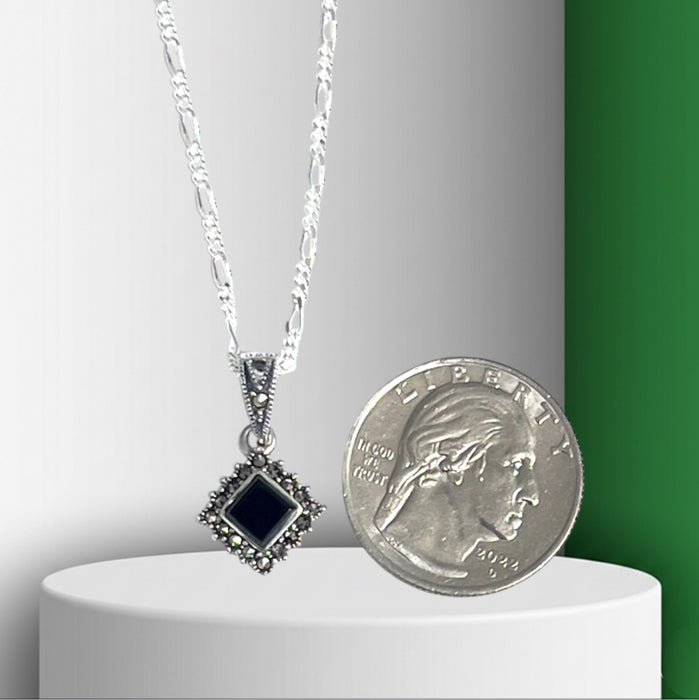 Sterling Silver Black Onyx Square Marcasite Pendant Necklace-SN-17