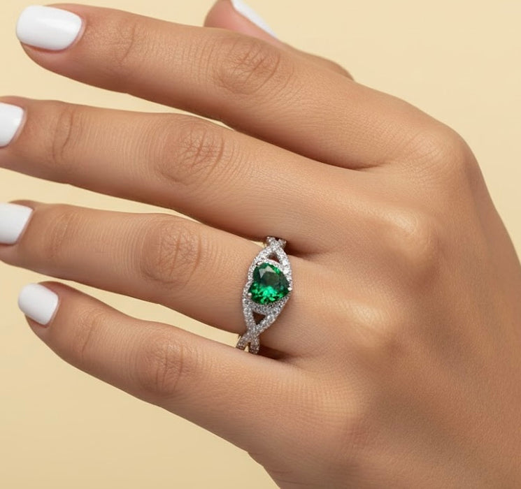 Sterling Silver Heart Halo Twist Green CZ Ring-AE-75