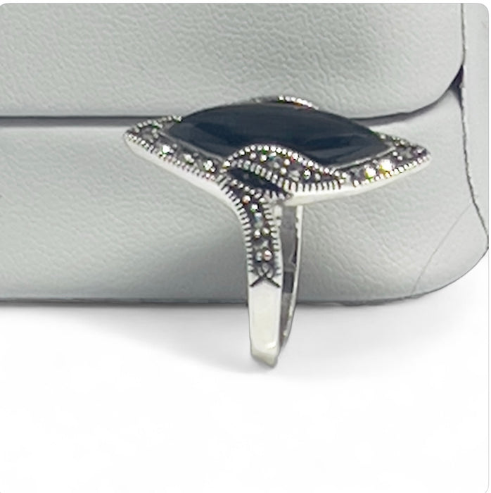 Sterling Silver Black Onyx Marquise Marcasite Ring-AE-47