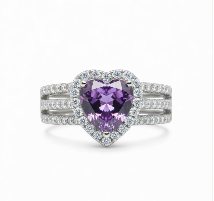 Sterling Silver Amethyst Heart CZ Ring-CL-29